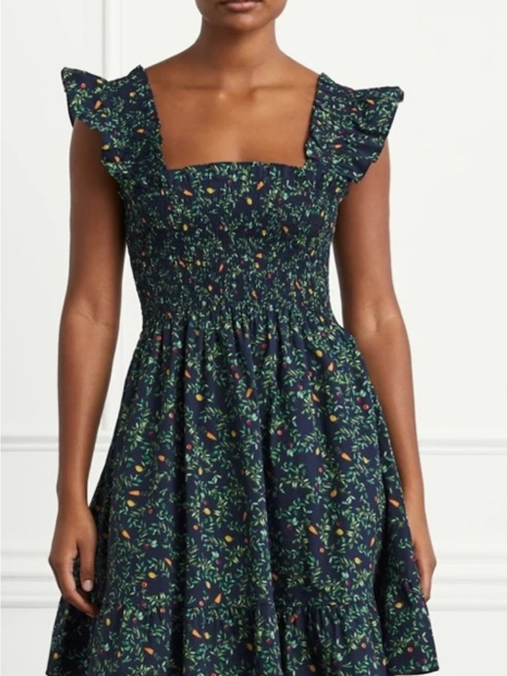 Hill House Navy Mini Dress with Green and Orange Floral Motif